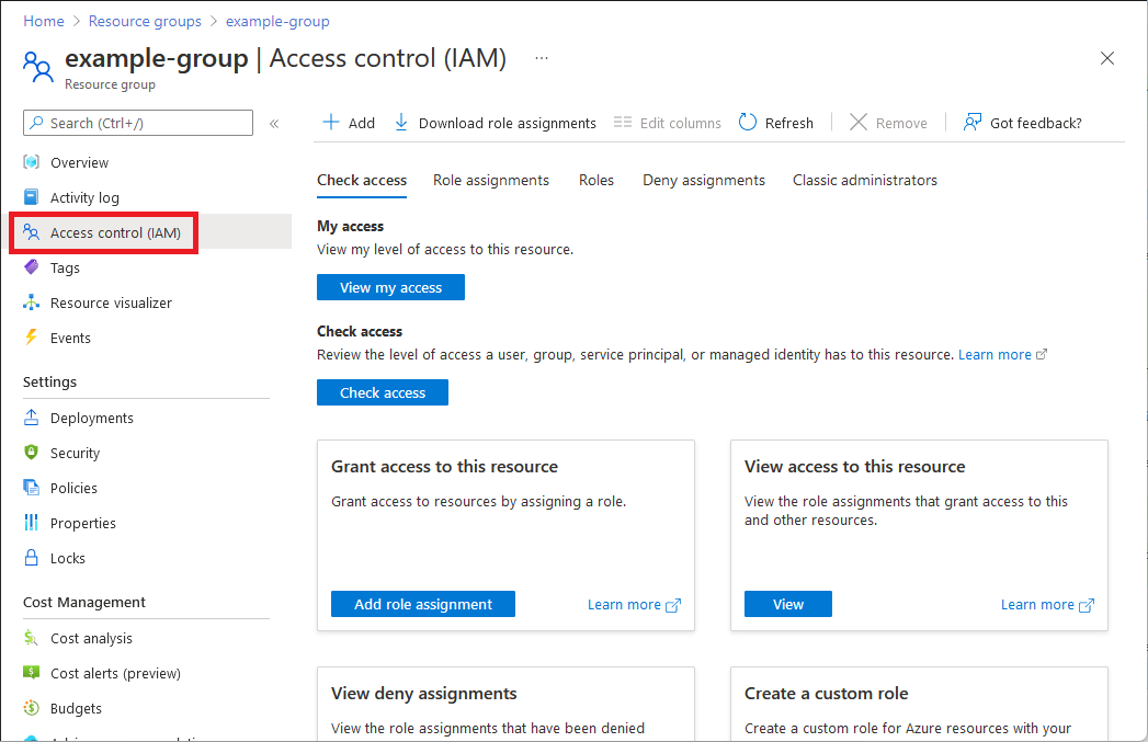 Captura de pantalla de la página Control de acceso (IAM) de un grupo de recursos en la experiencia clásica.