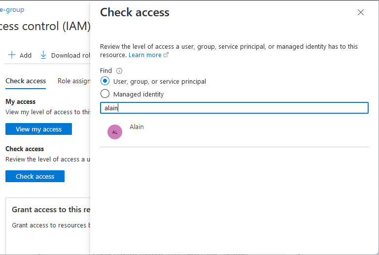 Captura de pantalla de lista de selección de Comprobar acceso