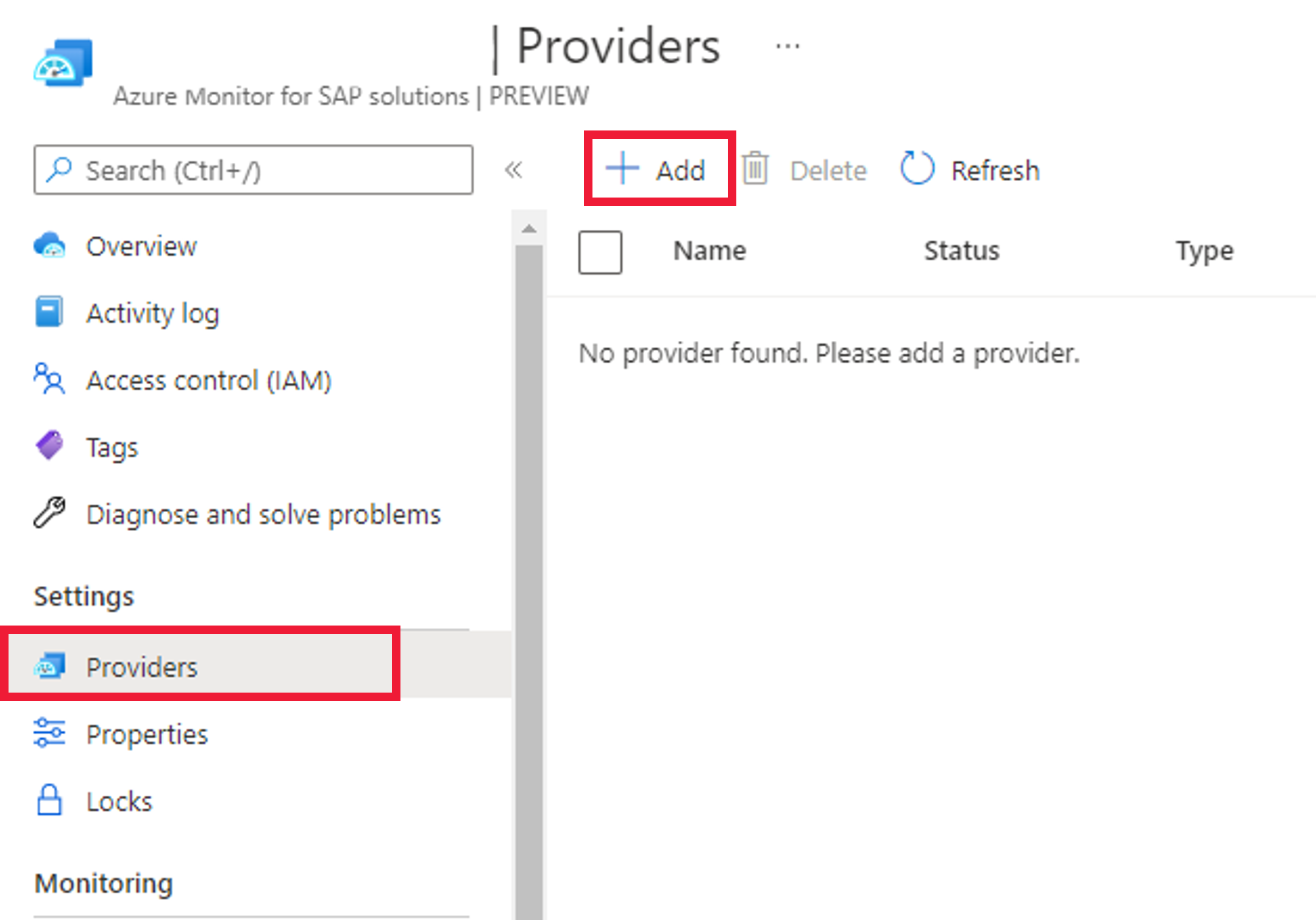 Diagrama que muestra el recurso Azure Monitor para soluciones de SAP en Azure Portal, en el que se muestra el botón para agregar un nuevo proveedor.