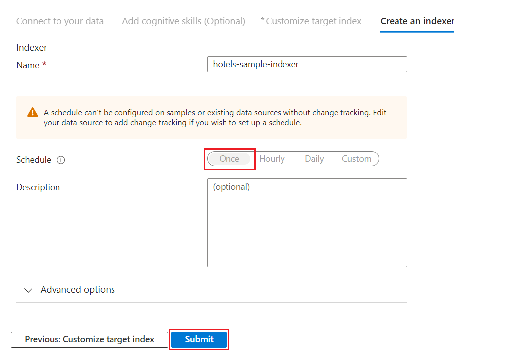 Captura de pantalla que muestra cómo configurar el indizador para el origen de datos hotels-sample en el asistente para la importación de datos.