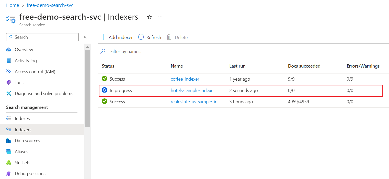Screenshot that shows the creation of the indexer in progress in the Azure portal.