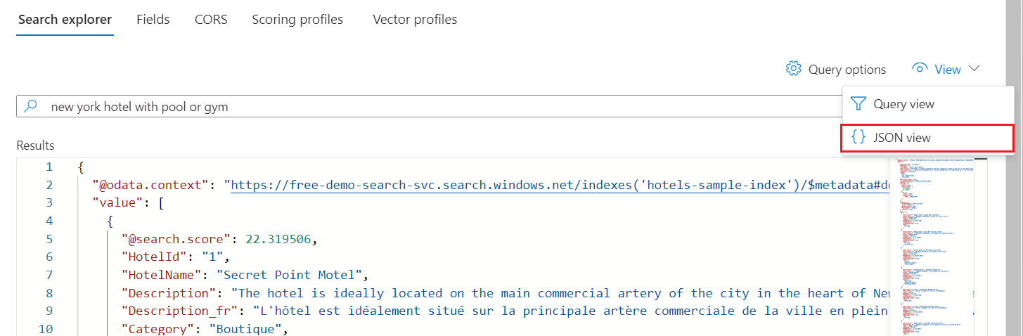 Captura de pantalla del selector de vistas de JSON.