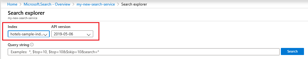 Captura de pantalla de las listas de selección de índice y API en el Explorador de búsqueda.