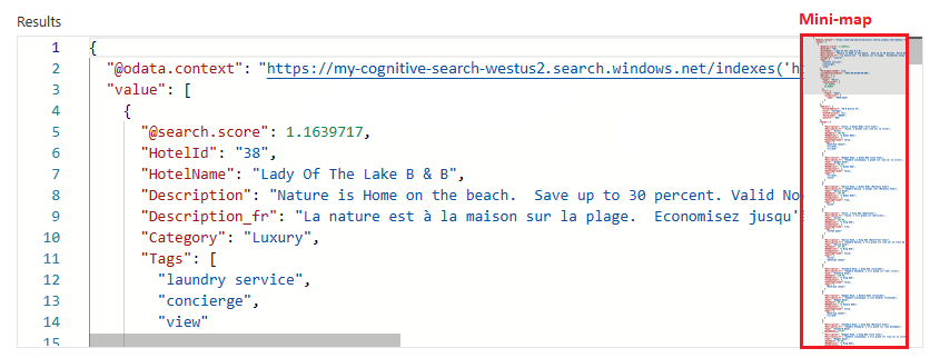 Screenshot that shows long results for a query in the Search Explorer tool and the mini-map.