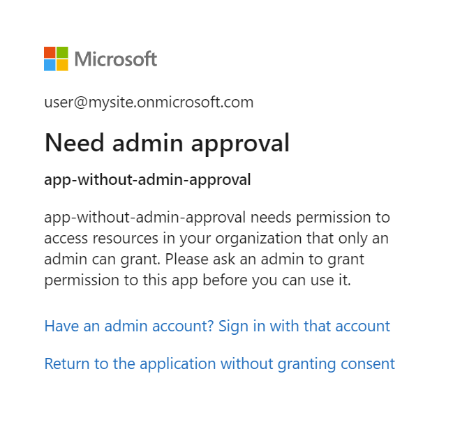 Captura de pantalla que muestra la aprobación del administrador necesaria.