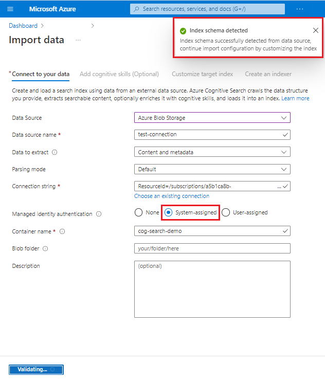 Captura de pantalla de la página de conexión de orígenes de datos del asistente de importación de datos.