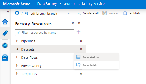 Captura de pantalla que muestra cómo elegir un nuevo conjunto de datos en Azure Data Factory para Snowflake.