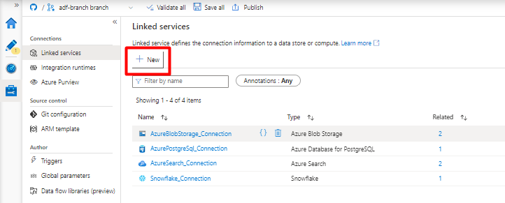 Captura de pantalla que muestra cómo elegir Nuevo servicio vinculado en Azure Data Factory.