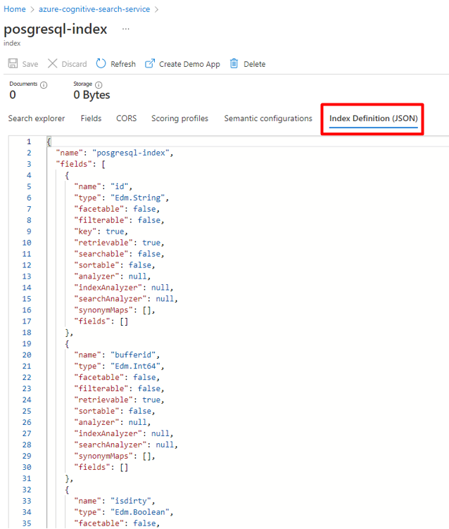 Captura de pantalla que muestra cómo copiar la configuración JSON del índice de Azure Cognitive Search existente.