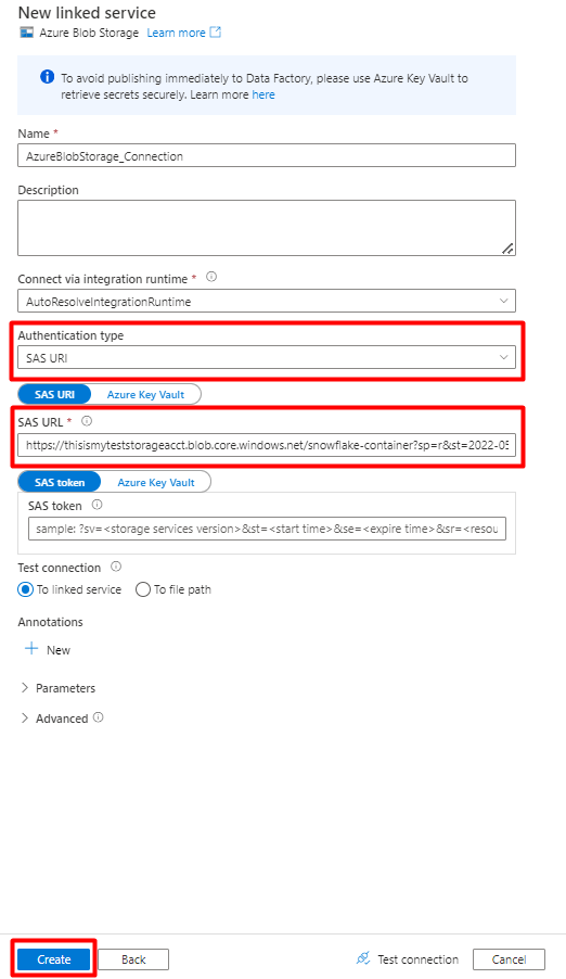 Captura de pantalla que muestra cómo rellenar el formulario Nuevo servicio de búsqueda vinculado en Azure Data Factory con sus propiedades para importar desde SnowFlake.