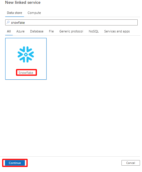 Captura de pantalla que muestra cómo elegir el icono de Snowflake en el nuevo almacén de datos del servicio vinculado.