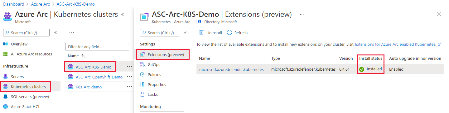 Página de Azure Arc para comprobar el estado de todas las extensiones instaladas en un clúster de Kubernetes.