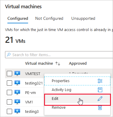 Edición de una configuración de acceso de máquina virtual JIT en Microsoft Defender for Cloud.