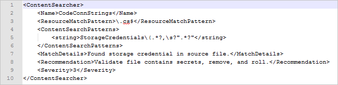 Código XML que muestra la configuración de Credential Scanner