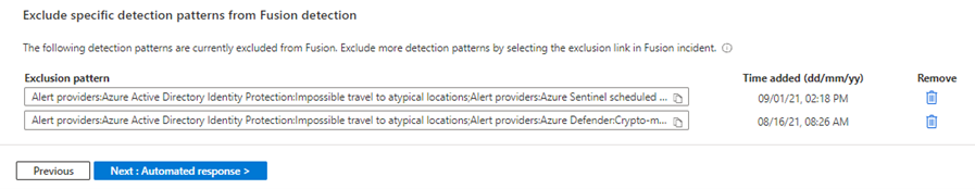 Captura de pantalla de la lista de patrones de detección excluidos.
