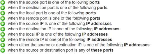 Diagrama que ilustra la sintaxis de una regla de pruebas de IP o de puerto.
