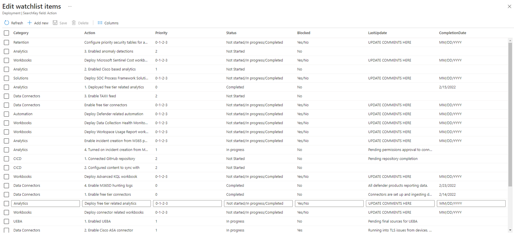Captura de pantalla de la actualización de elementos de la lista de vigilancia con acciones de implementación y migración.
