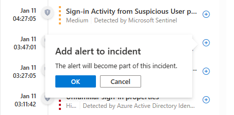 Captura de pantalla de adición de una alerta a un incidente en la escala de tiempo de la entidad.