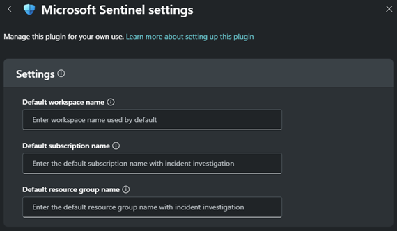 Recorte de pantalla de las opciones de personalización del complemento para el complemento de Microsoft Sentinel.