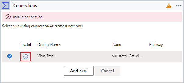 Captura de pantalla de una configuración de conexión de Virus Total no válida.