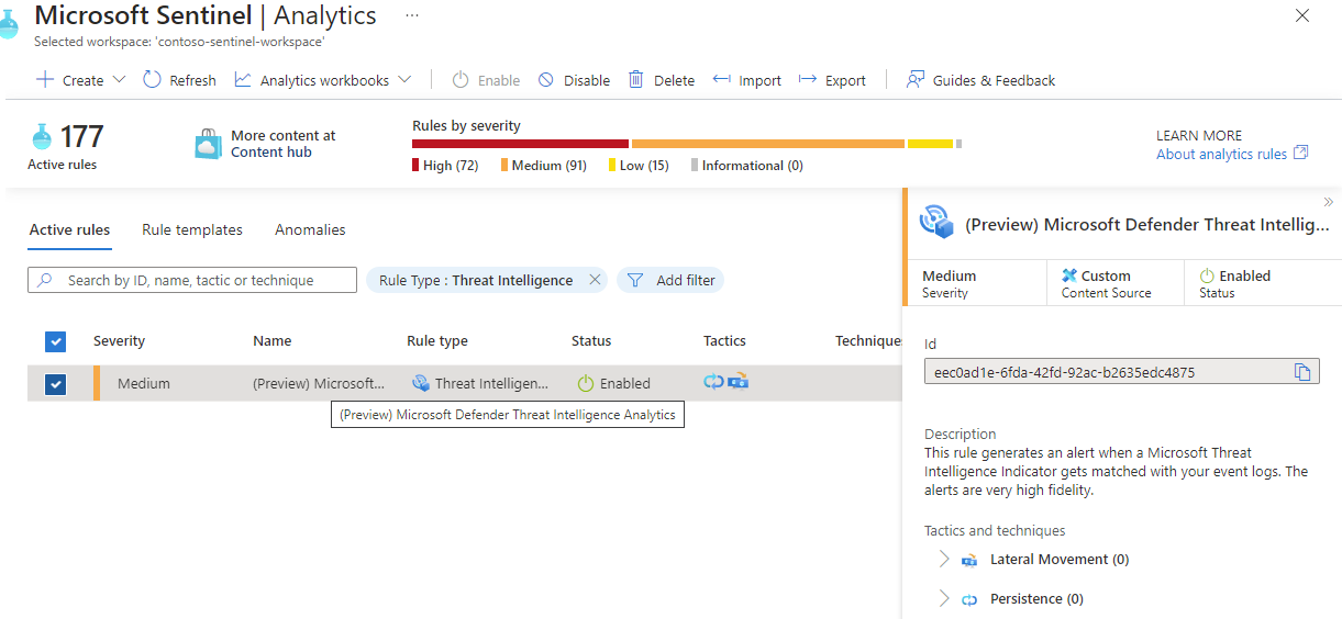 Captura de pantalla en la que se muestra la regla Análisis de inteligencia sobre amenazas de Microsoft Defender habilitada en la pestaña Reglas activas.