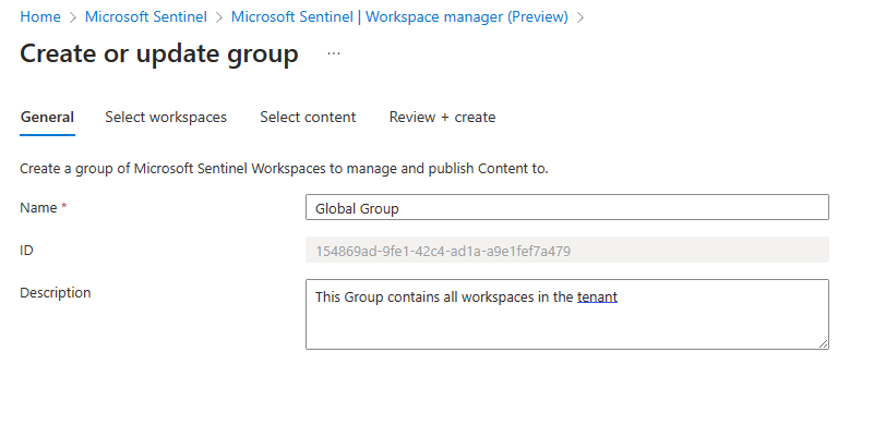 Captura de pantalla que muestra la página de configuración de creación o actualización del grupo.