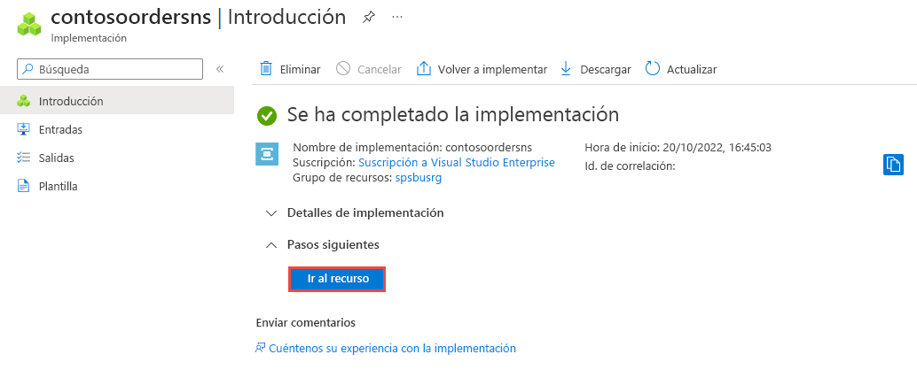 Imagen que muestra la página implementación correcta con el vínculo Ir al recurso.