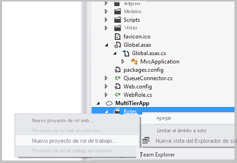 Screenshot of the Solution Explorer pane with the New Worker Role Project option and Add option highlighted.