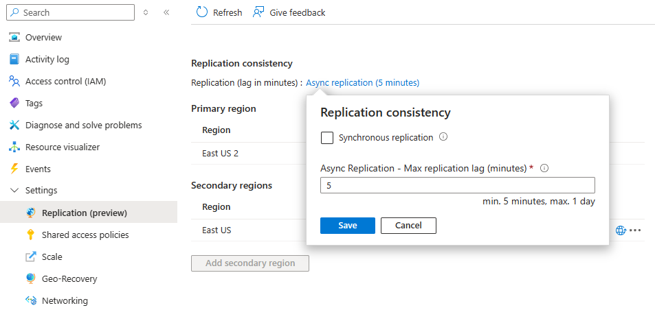 Captura de pantalla que muestra cómo actualizar la configuración de la característica replicación geográfica.