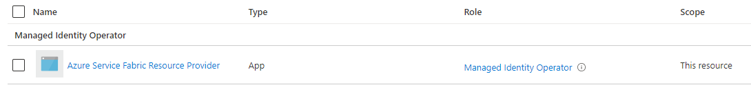 Propiedades de la asignación de roles para el proveedor de recursos de Service Fabric en la identidad administrada asignada por el usuario en Azure Portal