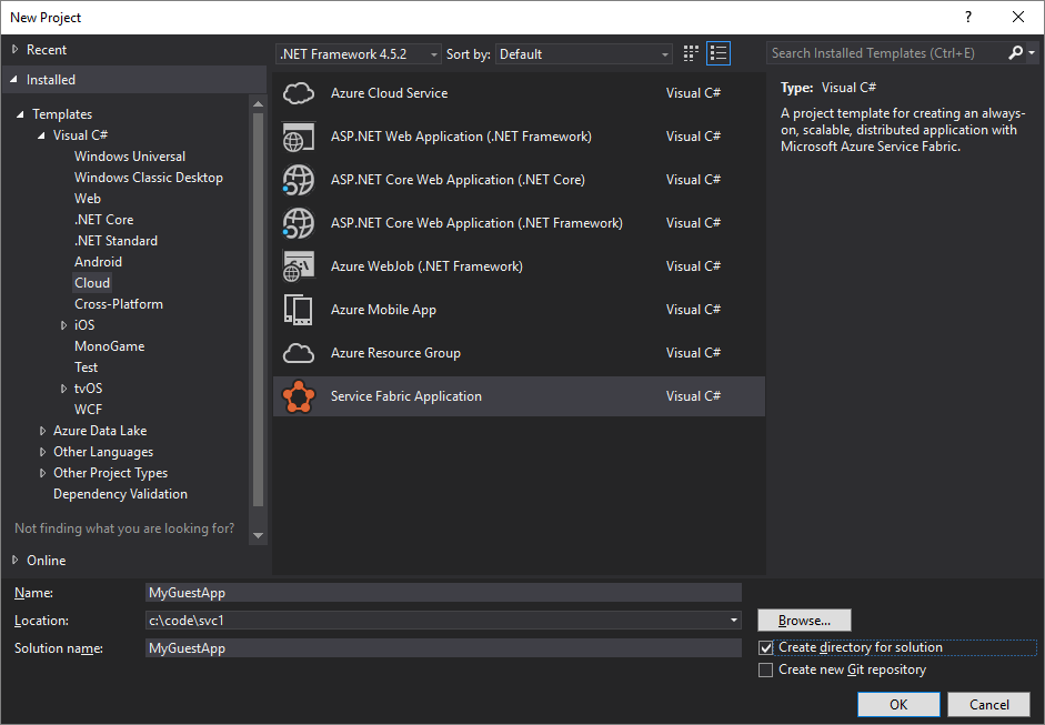 Cuadro de diálogo de proyecto nuevo en Visual Studio