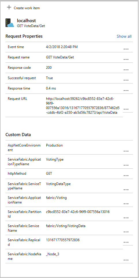 Captura de pantalla que muestra más detalles, incluidos datos específicos de Service Fabric que se recopilan en el paquete NuGet de Service Fabric de Application Insights.