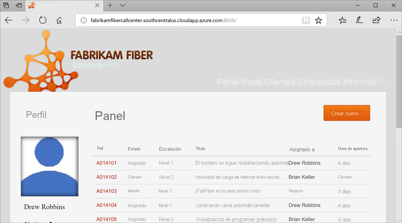 Captura de pantalla de la página principal de la aplicación Fabrikam Fiber CallCenter que se ejecuta en azure.com. En la página se muestra un panel con una lista de llamadas de soporte técnico.