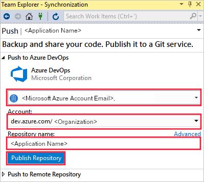 Captura de pantalla de la ventana de Enviar cambios a Azure DevOps. Los valores de Correo electrónico, Cuenta, Nombre del repositorio y Publicar repositorio aparecen resaltados.