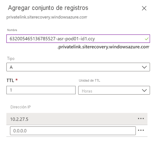 Captura de pantalla que muestra la página Agregar conjunto de registros.