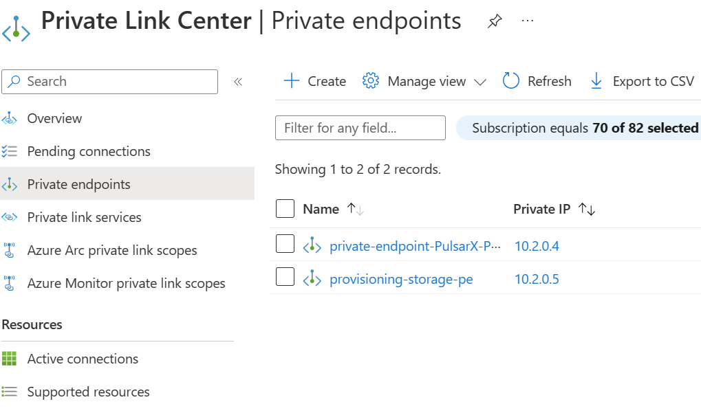 Captura de pantalla en la que se muestra cómo crear un punto de conexión privado en Private Link Center.
