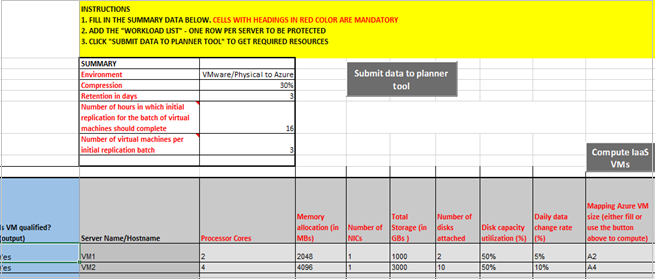 Captura de pantalla de la hoja de cálculo de la calificación de carga de trabajo, que muestra la información de entrada necesaria.