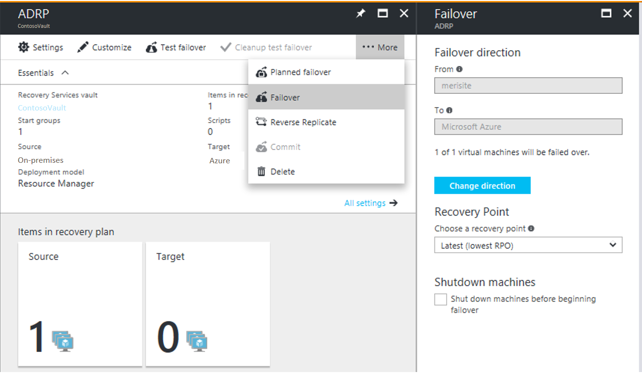 Screenshot from Azure Site Recovery showing the ADRP pane with Failover selected from the More menu.