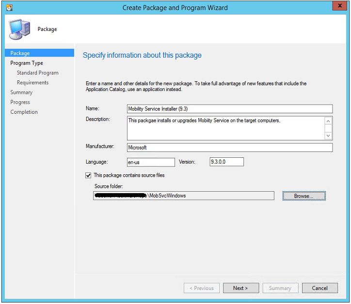 Captura de pantalla del Asistente para crear paquetes y programas