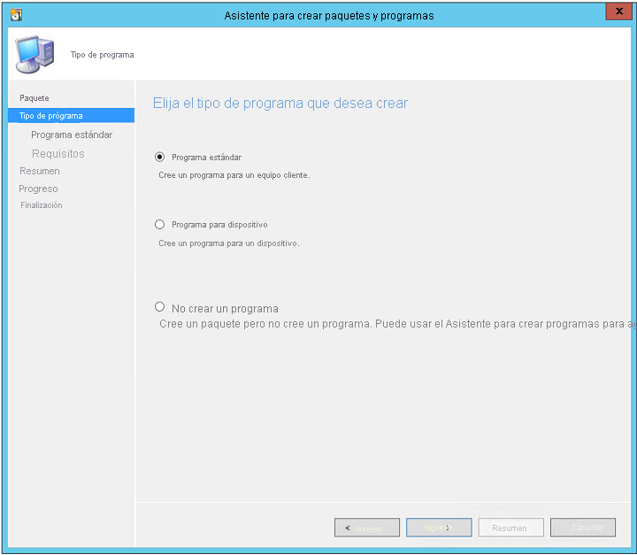 Captura de pantalla del Asistente para crear paquetes y programas en la que se muestra la opción Programa estándar.