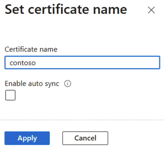 Captura de pantalla del cuadro de diálogo Establecer nombre de certificado de Azure Portal.