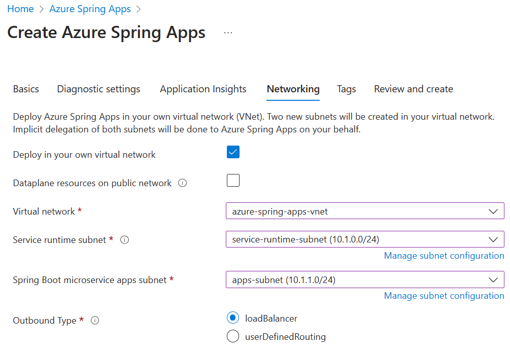 Captura de pantalla de la página Crear de Azure Spring Apps de Azure Portal en la que se muestra la pestaña Redes.