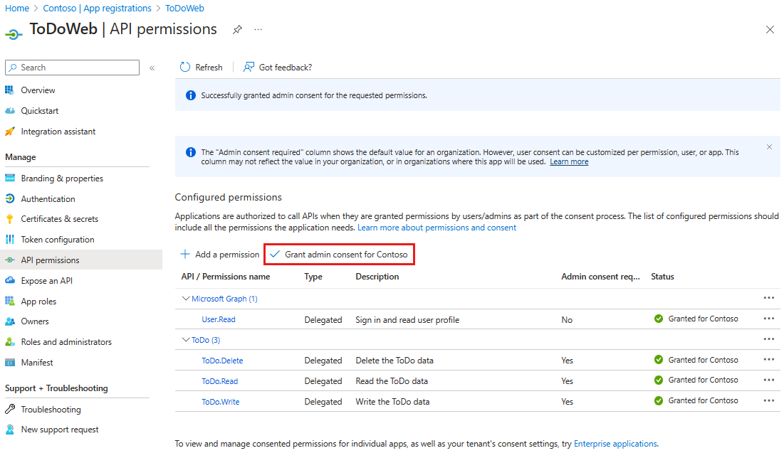 Captura de pantalla de Azure Portal que muestra los permisos de API de una aplicación web.