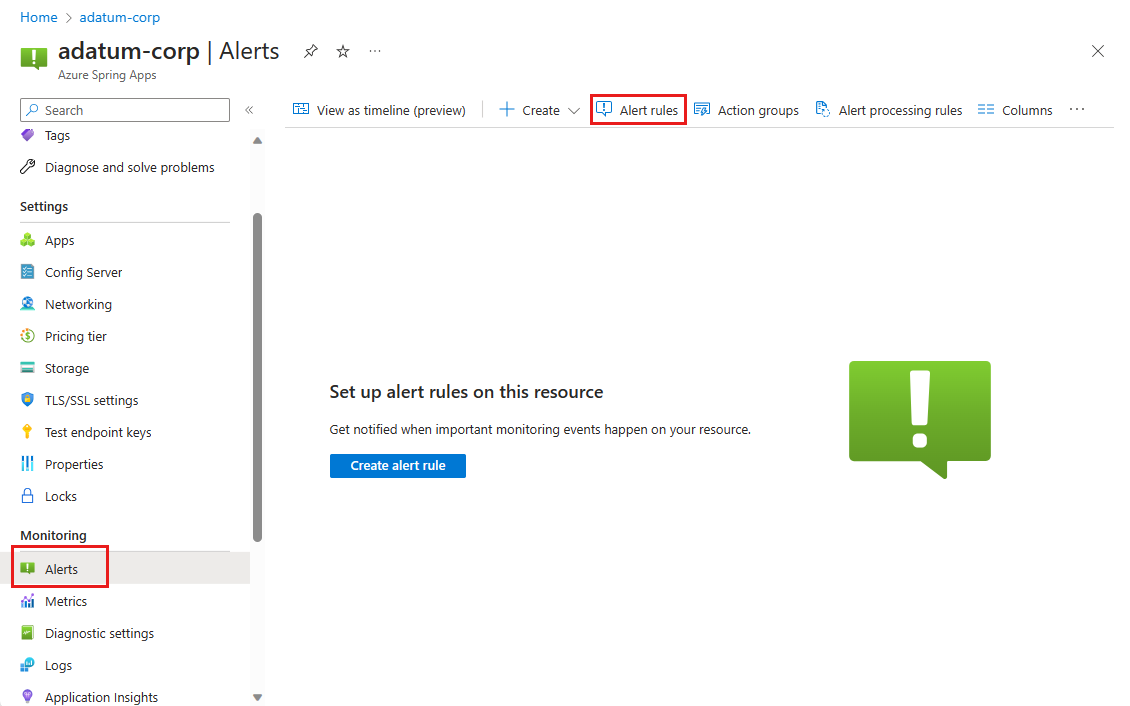 Screenshot of the Azure portal showing the Alerts page with the Alert rule button highlighted.