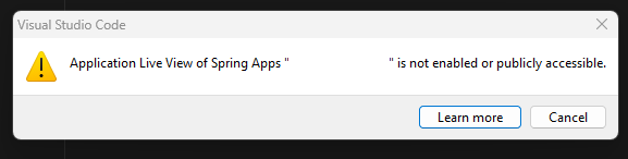 Captura de pantalla del mensaje de error que muestra que Application Live View no está habilitado y que no se puede acceder al punto de conexión público.