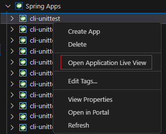 Captura de pantalla de la extensión de VS Code que muestra la opción Abrir Application Live View de una instancia de servicio.