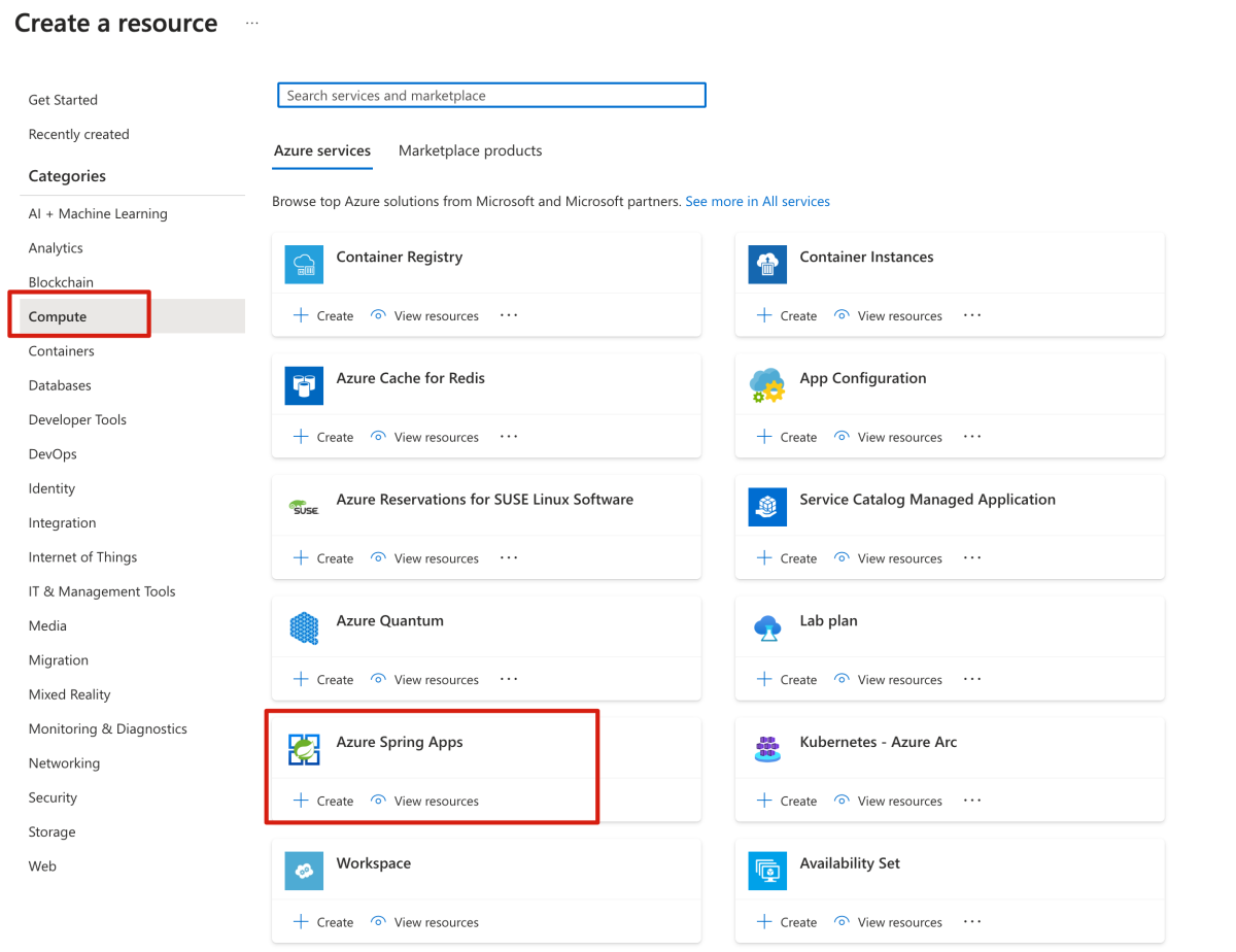 Captura de pantalla del portal Azure que muestra Azure Spring Apps en la lista de recursos informáticos.