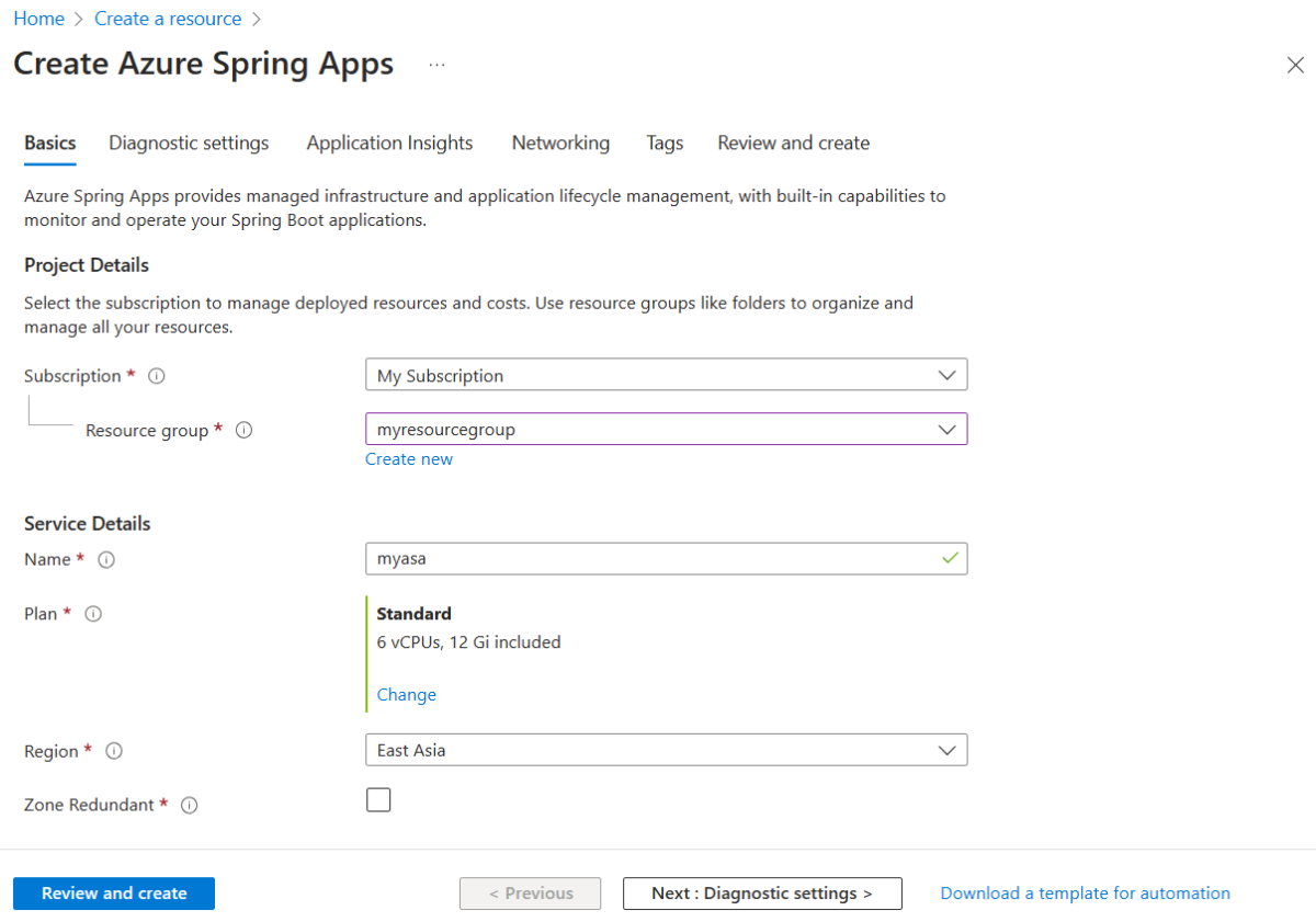 Captura de pantalla de Azure Portal en la que se muestra la página Crear Azure Spring Apps.