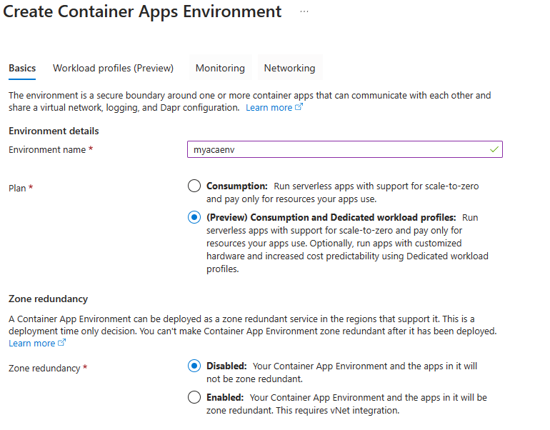 Captura de pantalla de Azure Portal que muestra Crear entorno de Container Apps con un plan de carga de trabajo dedicado seleccionado.