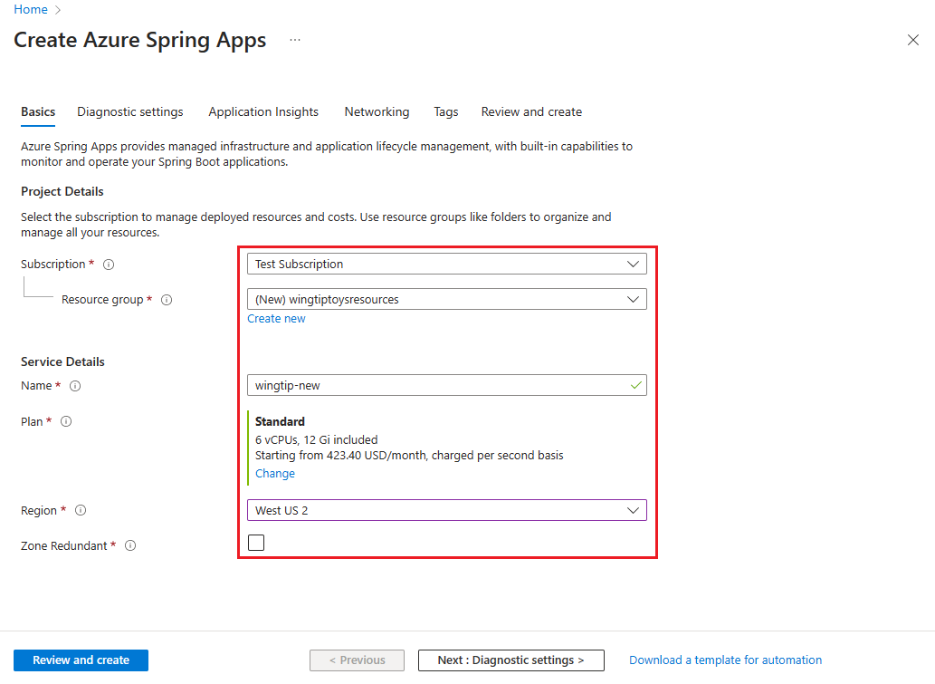 Captura de pantalla de Azure Portal mostrando la página de creación de Azure Spring Apps.